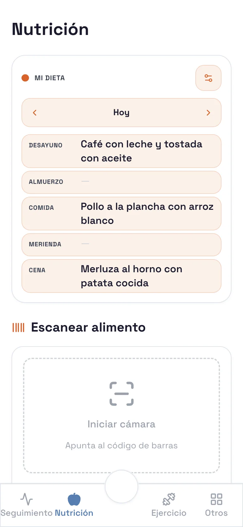 Pantalla de Nutrición con la dieta del día y el escáner de alimentos